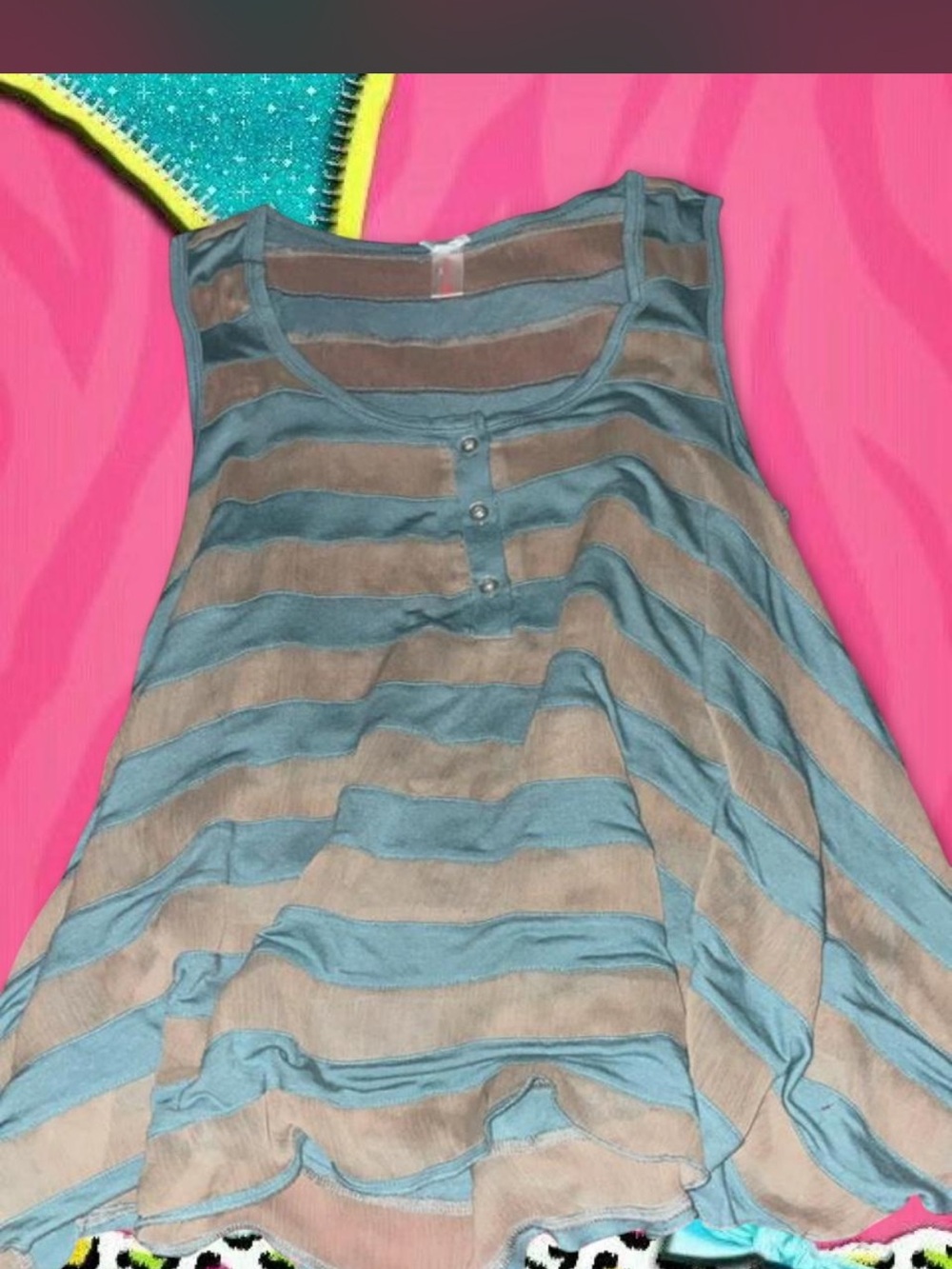 DownEast Teal and Taupe Sheer Stripe Tank
